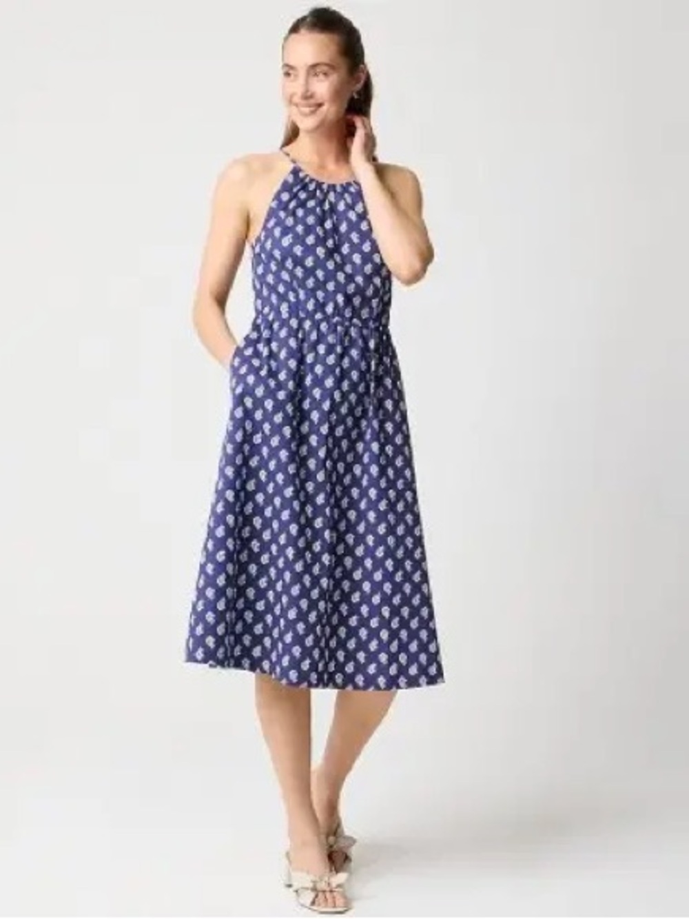 J. Crew Strappy Poplin Halter Dress - Blue Printed Midi